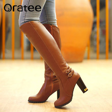 2021 Plus Size 34-43 Women Boots Square Heels Round Toe Knee-High Boots Woman Shoes Winter Boots Black Brown 2024 - buy cheap