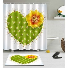 Juego de cortina de ducha con forma de flor y Cactus, tela de poliéster ecológica, impermeable, con diseño de Corazón Verde, alfombra blanca para baño, decoración de bañera 2024 - compra barato