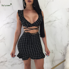 Women sexy black plaid 2 piece set summer streetwear V neck lace up crop top + flare mini bodycon skirts night party club outfit 2024 - buy cheap