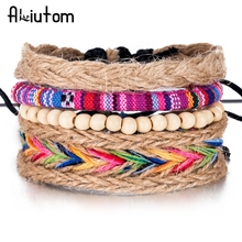 ALIUTOM 4PCS/Set Colorful Beaded Multilayer Handmade Hemp Rope Woven Bracelets Hippy Boho Embroidery Cotton Friendship Bracelets 2024 - buy cheap