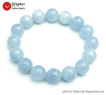 Qingmos-pulsera de aguamarinas Natural azul para mujer, de 14mm, redonda, de piedra, joyería fina, 7,5 '', bra477 2024 - compra barato