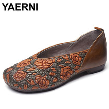 YAERNI Spring Genuine Cow Leather Flat Shoes Women Slip On Loafers Shallow Casual Vintage Flowers Ladies Flats Moccasins Shoes 2024 - compre barato