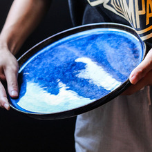 KINGLANG-platos de cerámica Retro de porcelana de Color azul, plato plano, exhibición de pastel, vajilla 2024 - compra barato