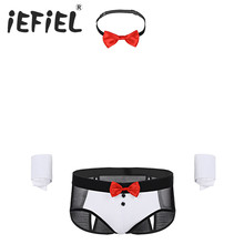 Sexy 3Pcs Mens Male Lingerie Panties Set See Through Mesh Butt Splits Briefs Underwear with Bow Tie and Cuffs Costume Outfit 2024 - buy cheap