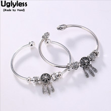 Uglyless 100% Real 925 Sterling Silver Feather Tassels Bangles for Women Dora Beads Bangle Thai Silver Hearts Charms Bracelet 2024 - buy cheap