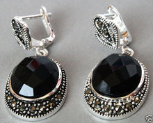 Vintage 925 Sterling Silver Natural Faceted Black Onyx Marcasite Earrings 2024 - buy cheap