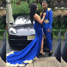 JaneVini Long Royal Blue Mermaid Prom Dress for Black Girls 2019 Women Gold Appliques African High Slit Party Dresses Evening 2024 - buy cheap