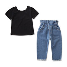 Летняя Однотонная футболка и джинсовые брюки для девочек, 2 шт. 2024 - купить недорого