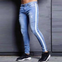 Мужские узкие джинсы, потертые Стрейчевые джинсы, Синие рваные зауженные джинсы, Прямая поставка, дизайн ленты 2024 - купить недорого