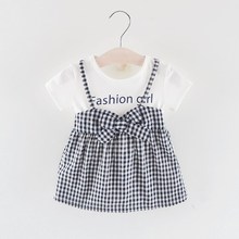 Verão nova moda impresso casual xadrez crianças vestidos de bebê roupas meninas de manga curta bonito algodão macio roupas princesa vestido 2024 - compre barato