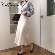 Tataria New Women Silky Long Mid Skirts Women High Waist Mid Calf Skirt Ruffles High Quality Skirts Female Elegant A Line Skirt 2024 - buy cheap