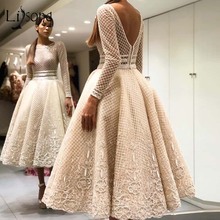 Elegant Bige Color Unique Lace Evening Dresses Full Sleeves V-Back Ankle Length Prom Gowns 2019 Robe De Soiree Party Dresses 2024 - buy cheap