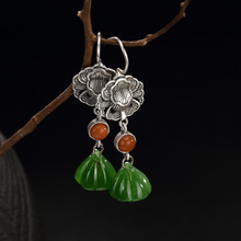 silver S925 Pure Silver Antique inlaid and field jade jade lotus lotus red lady high-end earrings earrings wholesale 2024 - buy cheap