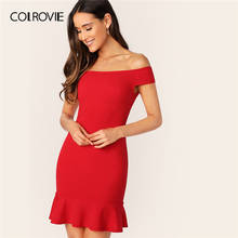 COLROVIE Red Off The Shoulder Zip Back Ruffle Bodycon Party Mini Dress Women 2019 Summer Short Sleeve Slim Fit Sexy Club Dresses 2024 - buy cheap