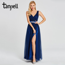 Tanpell split front evening dress dark royal blue sleeveless floor length a line dress women formal prom long evening dresses 2024 - buy cheap