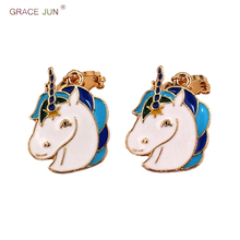 GRACE JUN High-grade Unicorn Shape Clip on Earrings for Women Luxury Fashion Popular Student No Pierced Enamel Clip  Earrings 2024 - buy cheap