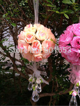 Frete grátis 10cm romântico casamento flor bola com pingente de cristal artificial flor bola seda rosa flor bola 2024 - compre barato