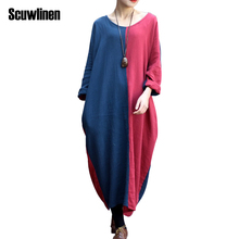 SCUWLINEN 2017 Spring Autumn Dress Vestidos Casual Long-sleeve Loose Plus Size Women Dress Contrast Color Vintage Cotton Dress 2024 - buy cheap