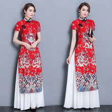 Spring and summer new women's modified long cheongsam dress Chinese mom short-sleeved vintage printed dress 2024 - buy cheap