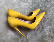 Zapatos de charol amarillo para mujer, stilettos de tacón alto, puntiagudos, de alta calidad, con foto real 2024 - compra barato