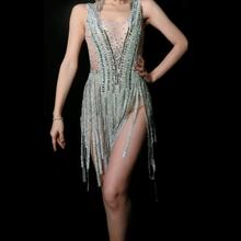Блестящее серебристое платье с кисточками и кисточками для женщин, костюм для дня рождения, вечеринки 2024 - купить недорого