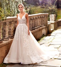 Hot V-Neck Lace Wedding Dresses A-Line Appliques with Court Train Long Bridal Gown Sexy Back Wedding Gown 2024 - buy cheap