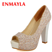 Enmayla sapatos femininos de salto alto, com glitter, para mulheres, peep toe, plataforma, sapatos femininos, branco, dourado, para festa de casamento, verão 2024 - compre barato