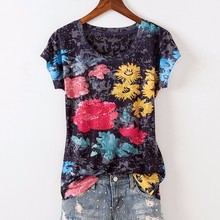 Black hot drilling floral print thin t shirt women 2022 short sleeve tee shirt femme o-neck graphic tees summer top 2024 - buy cheap