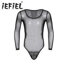 iEFiEL Mens Crossdress Lingerie Sissy See Through Mesh Long Sleeve Scoop Neck High Cut Jumpsuit Bodysuit Underwear Nightwear 2024 - buy cheap