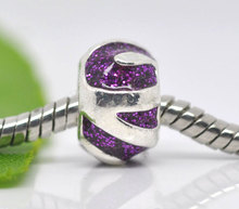 DoreenBeads European Charm Zinc alloy Beads Round Purple silver color Plated StripeEnamel About 12mm Dia,Hole: Approx 4.5mm,1 Pc 2024 - buy cheap