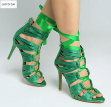 2020 New women lace up sandals party shoes peep toe sandals gladiator sandals green ribbon high heels dress shoes cuts out 2024 - buy cheap