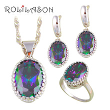 Conjunto de joyería estampada ROLILASON Rainbow místico Zircón plateado pendientes colgantes collar anillos para amantes joyería de moda JS670 2024 - compra barato