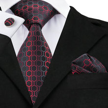 SN-584 Black Dimgray Red Geometric Tie Hanky Cufflinks Sets Men's 100% Silk Ties for men Formal Wedding Party Groom 2024 - buy cheap
