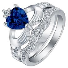 Pedra de zircônia azul real de luxo, conjunto de anéis banhados a prata, para mulheres, noivado, presente de dia dos namorados, coroa, coração, cristal, joias finas 2024 - compre barato