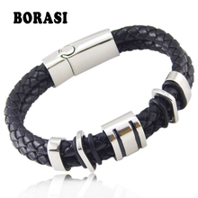 Pulsera de piel auténtica para hombre, brazalete de cuero tejido de acero inoxidable, Punk Rock, 316L 2024 - compra barato