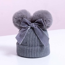 Touca de inverno infantil de malha, chapéu com pompom grande, laço, para meninas e crianças 2024 - compre barato