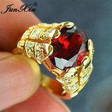 JUNXIN-Anillo de boda de piedra roja grande para hombre y mujer, sortija de boda de oro amarillo ovalado de circonita AAA, regalo de joyería de cristal 2024 - compra barato