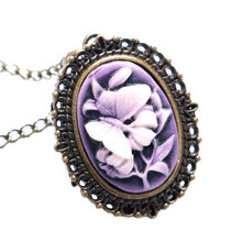 Relógio de bolso com flor borboleta roxa e design 3d vintage, retrô, de quartzo, com corrente de colar de malha, para mulheres 2024 - compre barato