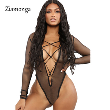 Ziamonga-Body negro hueco Sexy para mujer, Bodycon peleles, mono de malla de manga larga, transparente, con cordones 2024 - compra barato