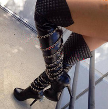 Botas de tacón alto de cuero para mujer, zapatos por encima de la rodilla con plataforma de diseñador y cadenas redondas, encantadores, negros, 2019 2024 - compra barato