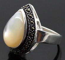 unsex 25*20mm RARE NATURAL WHITE SHELL GEMS MARCASITE 925 STERLING SILVER RING SIZE 7/8/9/10 2024 - buy cheap
