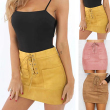 Spring Autumn vintage suede pencil mini skirt winter 2018 bandage high waist pocket skirts bodycon Korean A-line short skirt 2024 - buy cheap