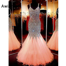 Stunning Mermaid Long Prom Dresses 2020 Sexy Backless Formal Evening Dress Beadings Tulle Spaghetti Strap Women Party Gown 2024 - buy cheap