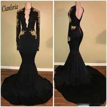 Black Sexy Deep V-Neck Long Sleeve Lace Mermaid Evening Dress With Gold Appliques Open Back Formal Evening Party Dresses 2024 - buy cheap