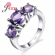 Sólido 925 prata esterlina casamento & noivado jóias luxo roxo cristal clássico anel de dedo redondo para feminino 2024 - compre barato