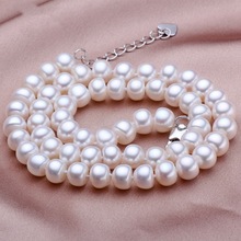 noble women gift Jewelry Silver Clasp 9-10MM Natural Pearl Necklace jewelry 100% Real White Freshwater Pearl Necklaces 2024 - buy cheap