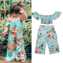 Conjunto floral para meninas 1-6 anos, roupas curtas com ombro de fora, calças de pernas largas, roupa de verão 2024 - compre barato