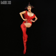 Sexy GAGA red shiny fabric deep V jumpsuit party nightclub bar concert DJ singer/dancer costume 2024 - buy cheap