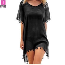 Hot sale v-neck  Tassels Beach Wear Women Swimsuit Cover Up Swimwear Bathing Suits Summer Mini Dress Loose Solid Pareo Cover Ups 2024 - buy cheap