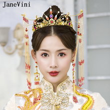JaneVini Luxury Chinese Style Wedding Crown Ancient Colored Beaded Long Tassle Hairpins Bridal Headdress Women Hair Accessories 2024 - buy cheap